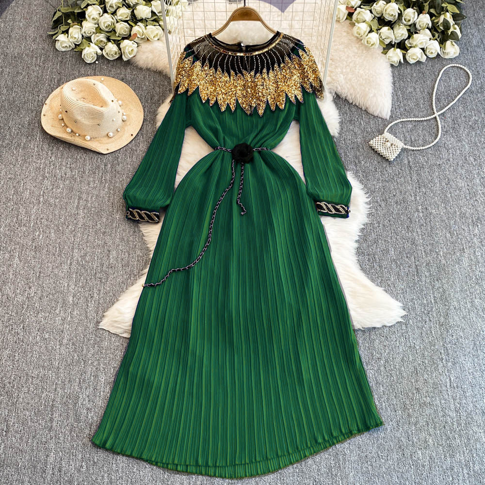 Luxury Sequin Cape Patch Slim Waist Pleated Loose Long Dress 9