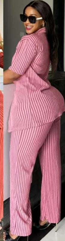 Women Vertical Striped Top and Pants 2-piece Set 4