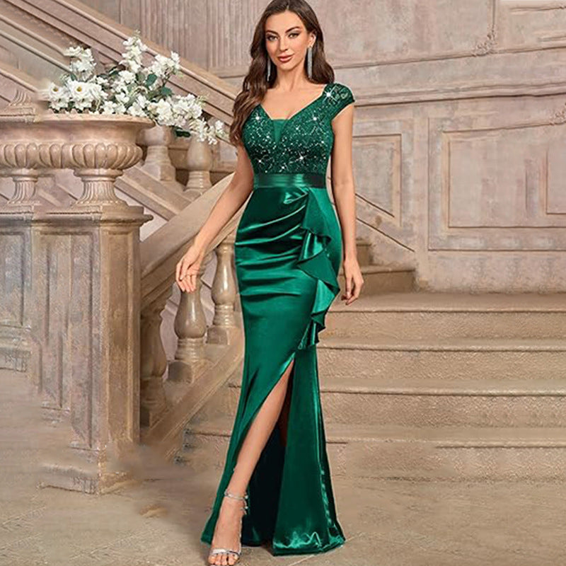 Women's Sexy Lace Sequin Evening Gown Wedding Party Long Dress Bride Dress