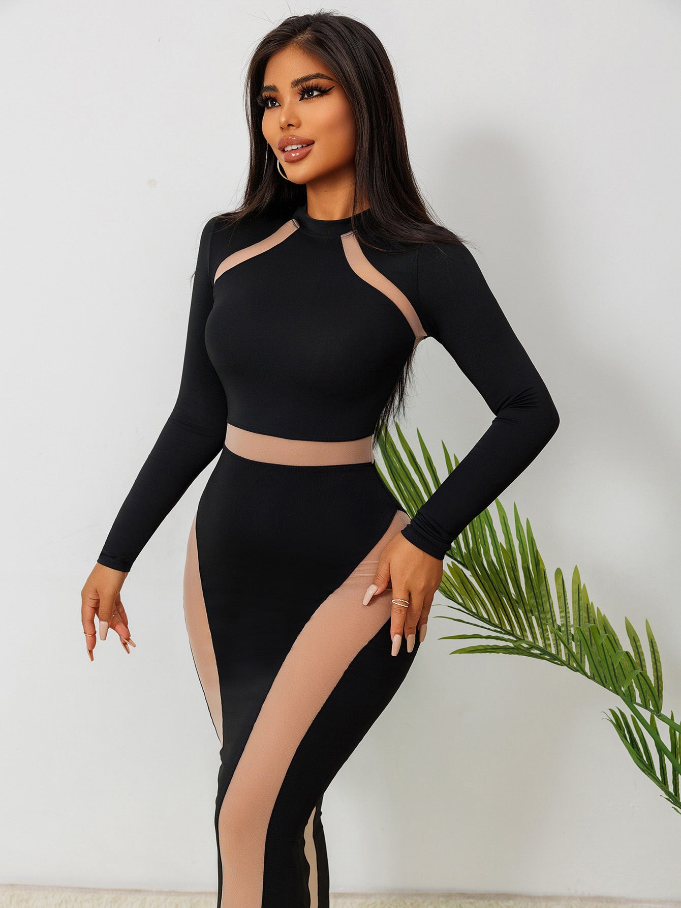 Fall Sexy See Through Mesh Patchwork Long Sleeve Slim Nightclub Long Dress 6