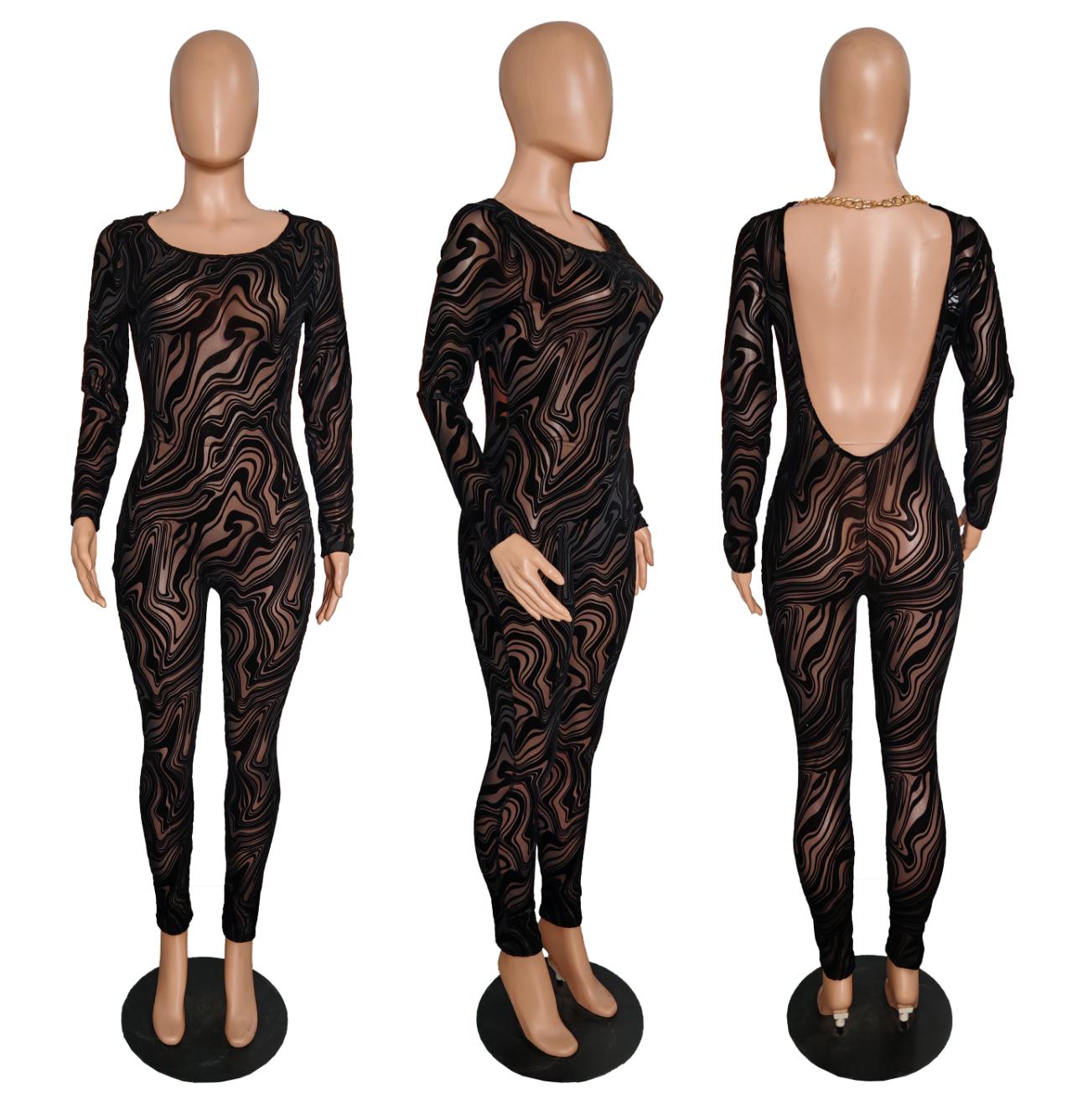 Women's Autumn Winter Printed Sexy Low Back Tight Fitting Jumpsuit 9