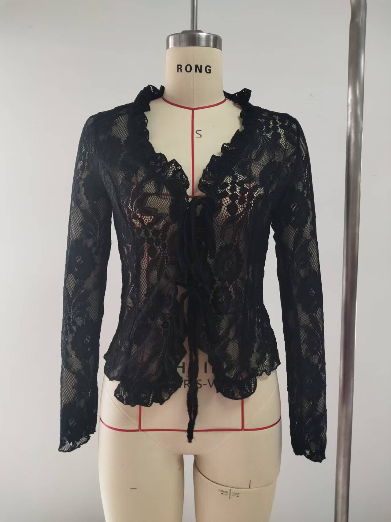 Women see-through lace long-sleeved ruffled mesh crop top 8