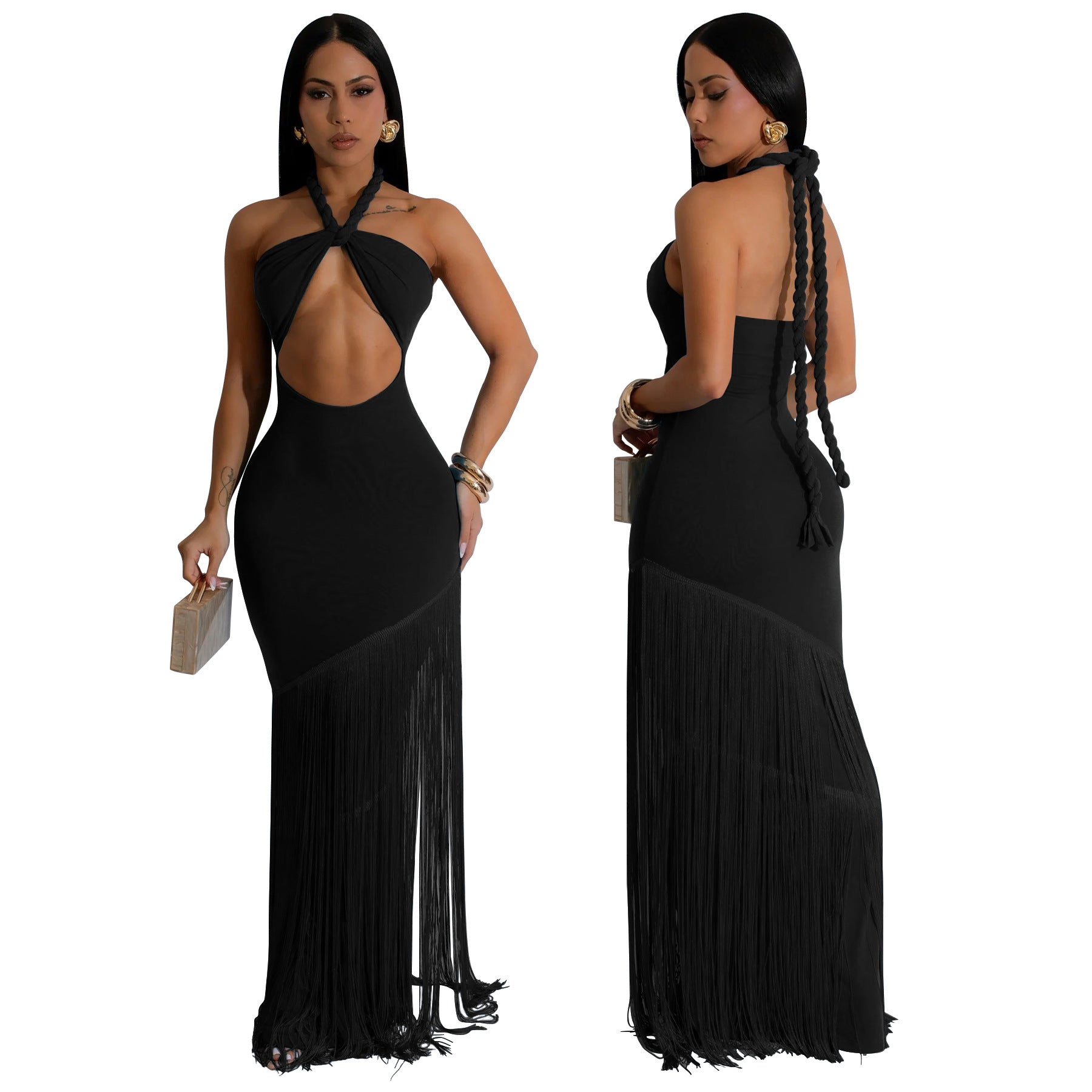 Women's Summer Tassel Patchwork Halter Strapless Bodycon Dress