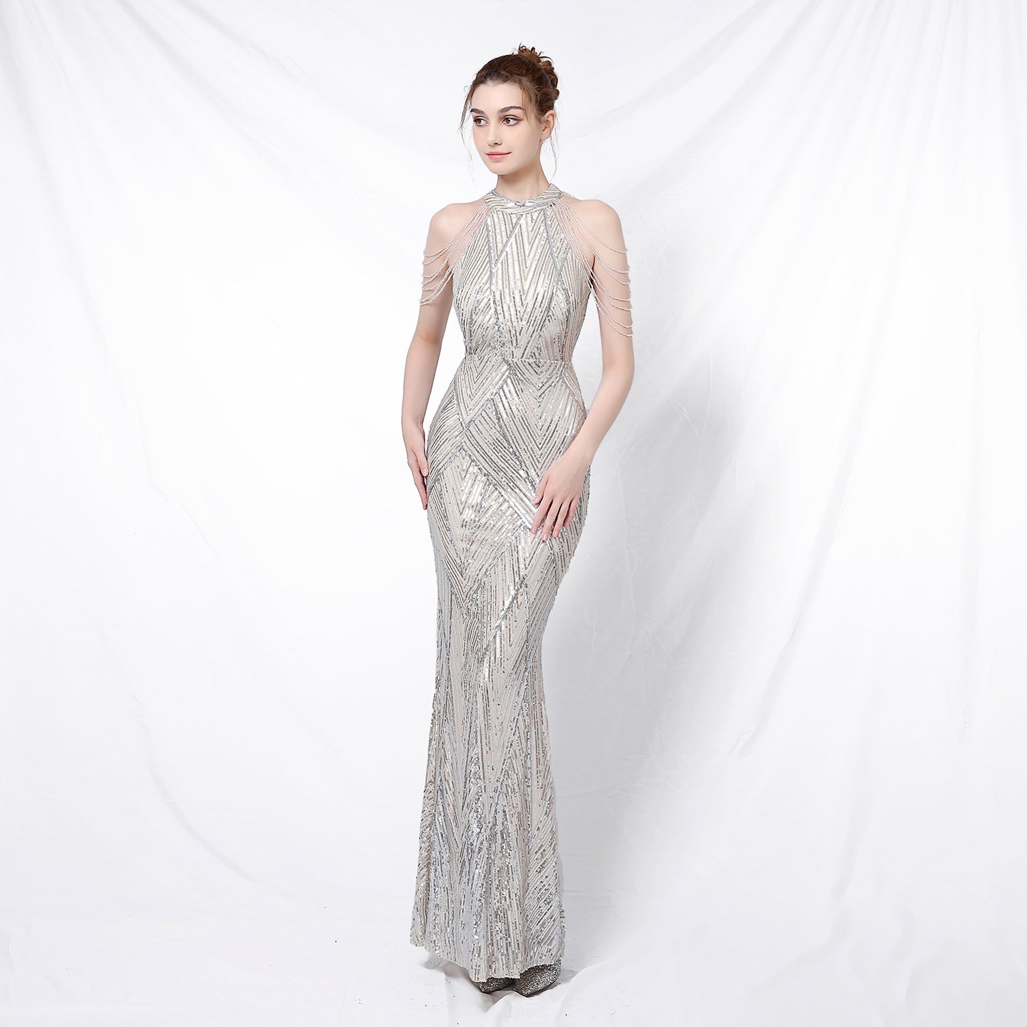 Deep V-Neck Sequined Fishtail Dress Sexy Evening Party Gown 15