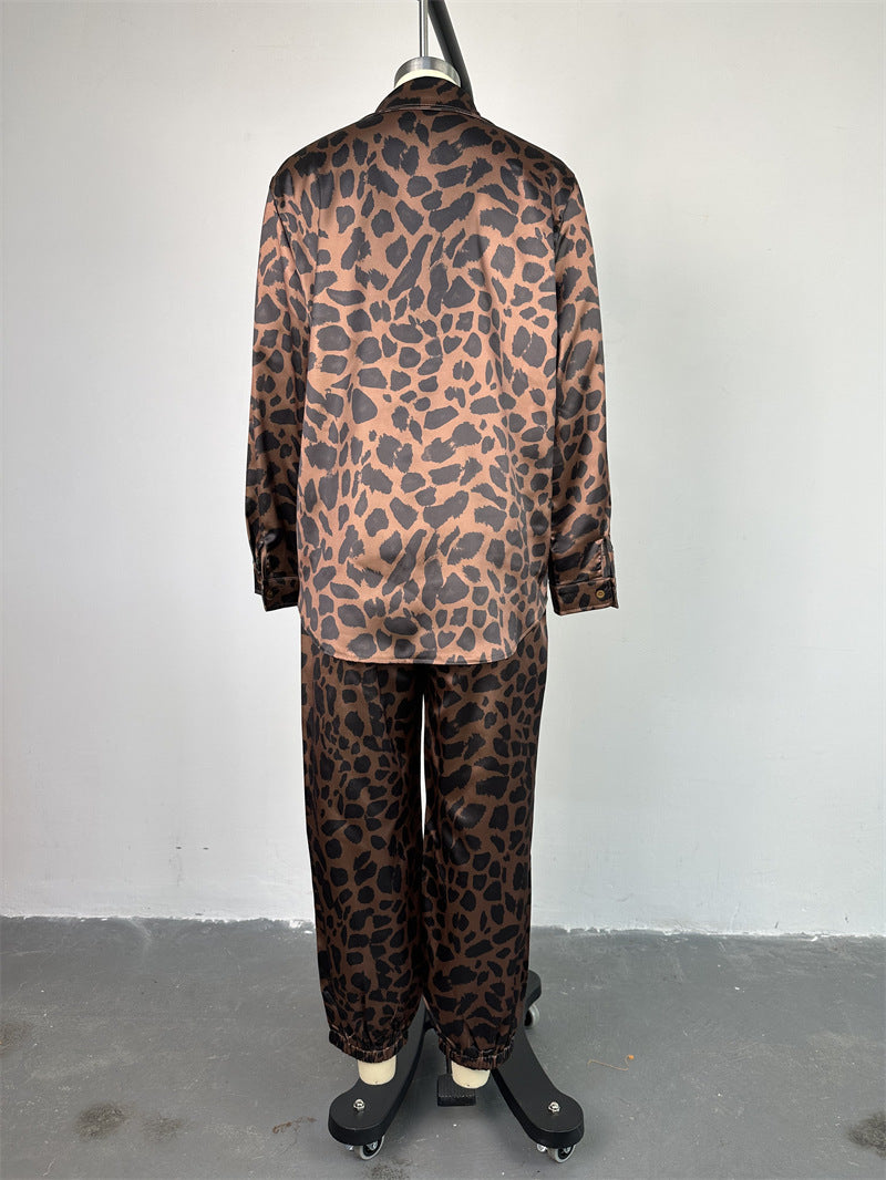 Women Casual leopard print shirt and Pants two-piece set 8