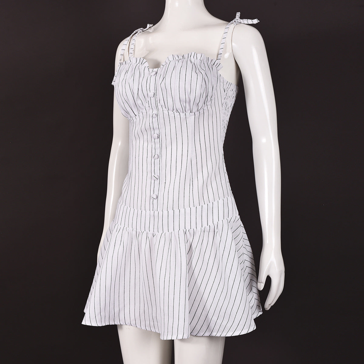 Women Striped Lace-Up Buckled suspender puffy dress 5