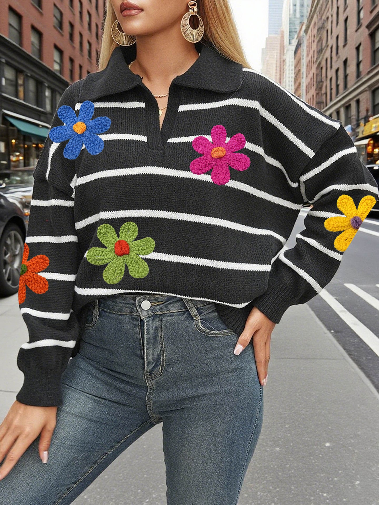 Women striped embroidered flower Patchwork Polo neck sweater 4