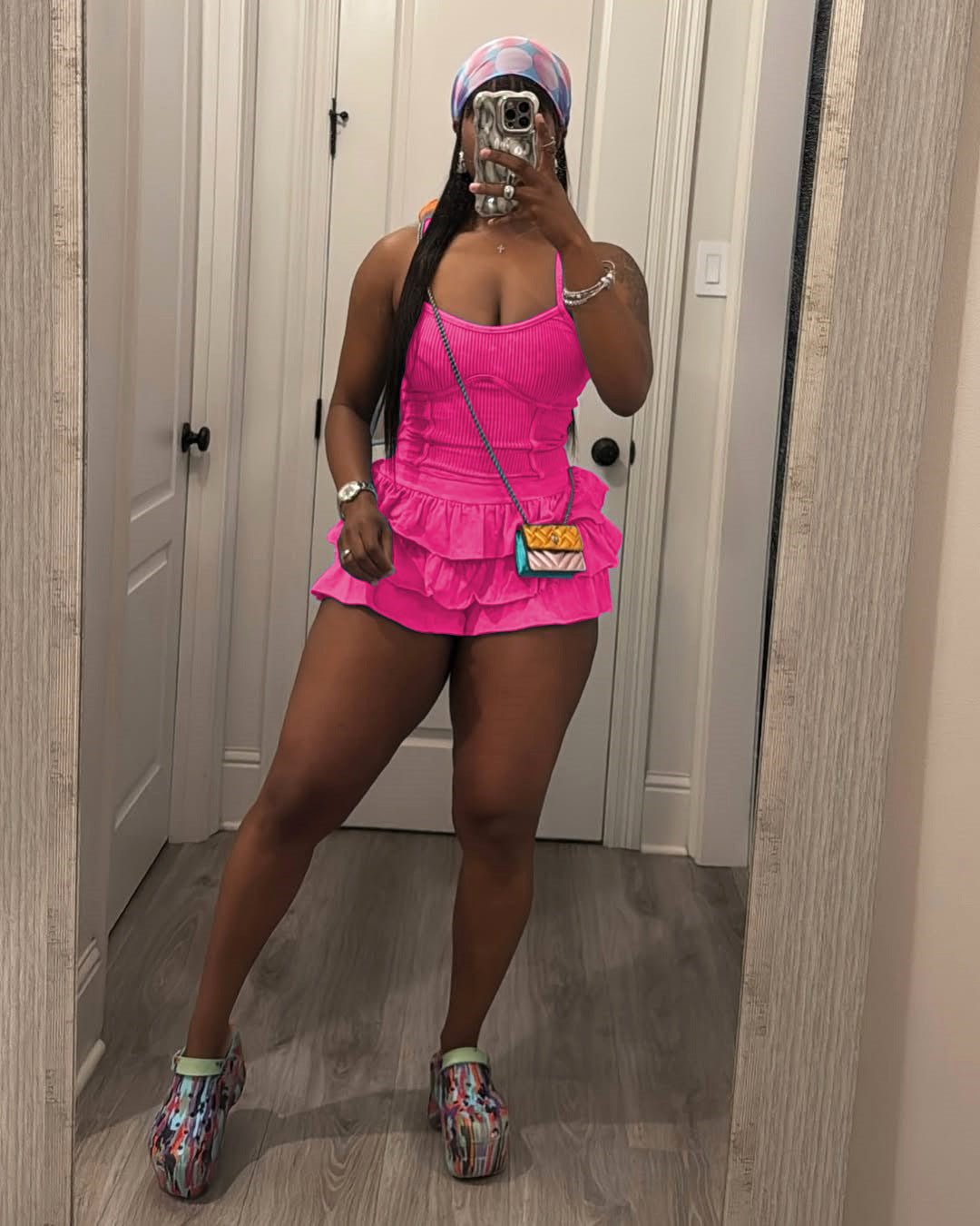 Women's Solid Strap Tank Top and Ruffled Shorts Set 3