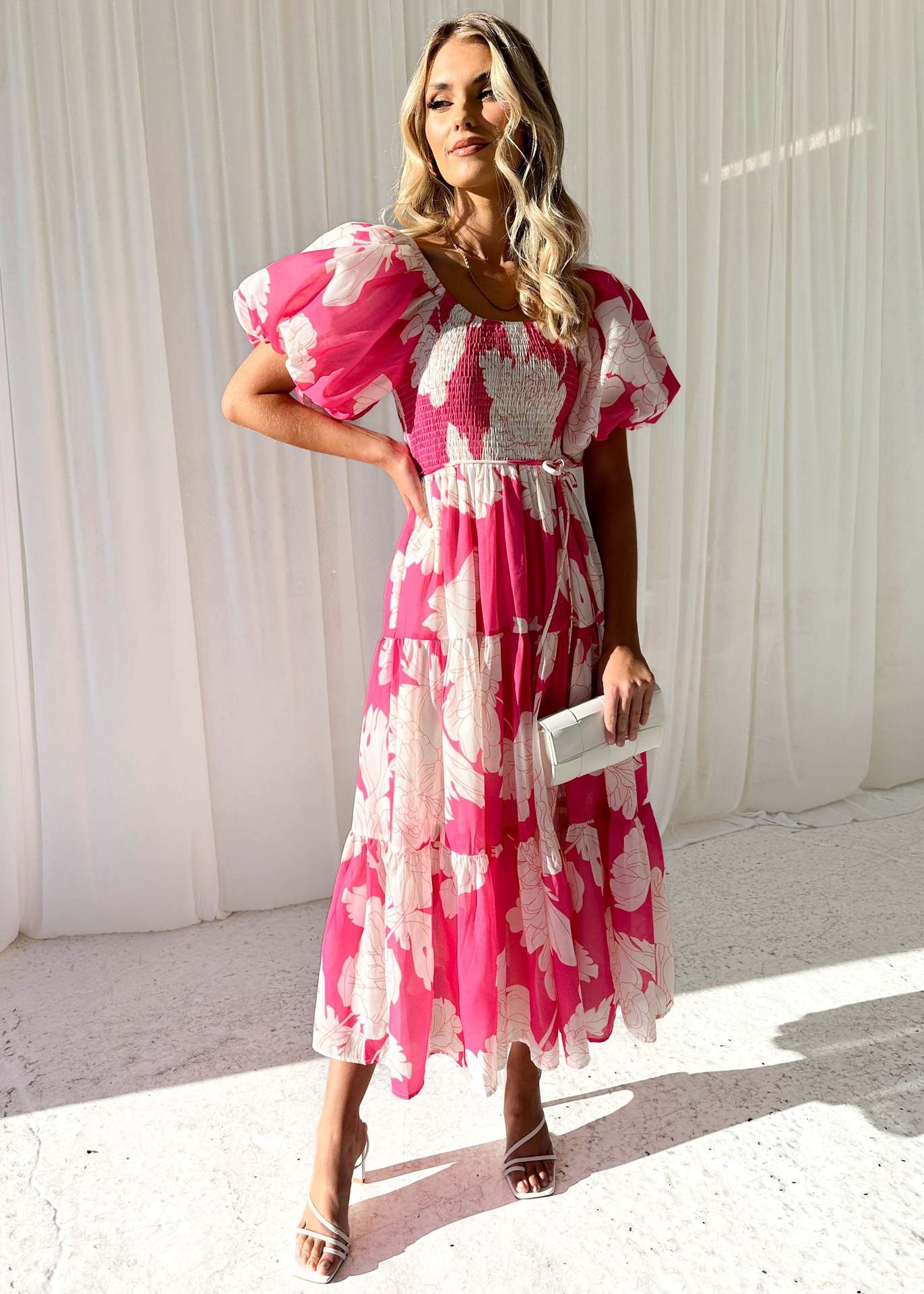 Women Elegant Print Off Shoulder Puff Sleeve Dress 29