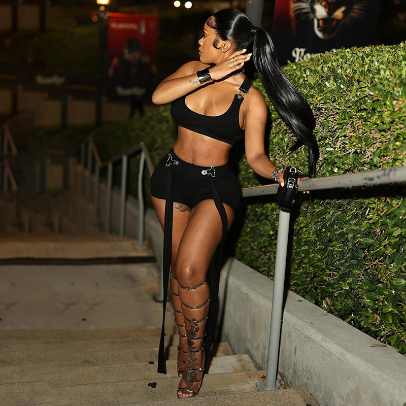 Women's Spring-Summer Ribbed Halter Buckle Vest with Loose Ribbon Shorts Set 3