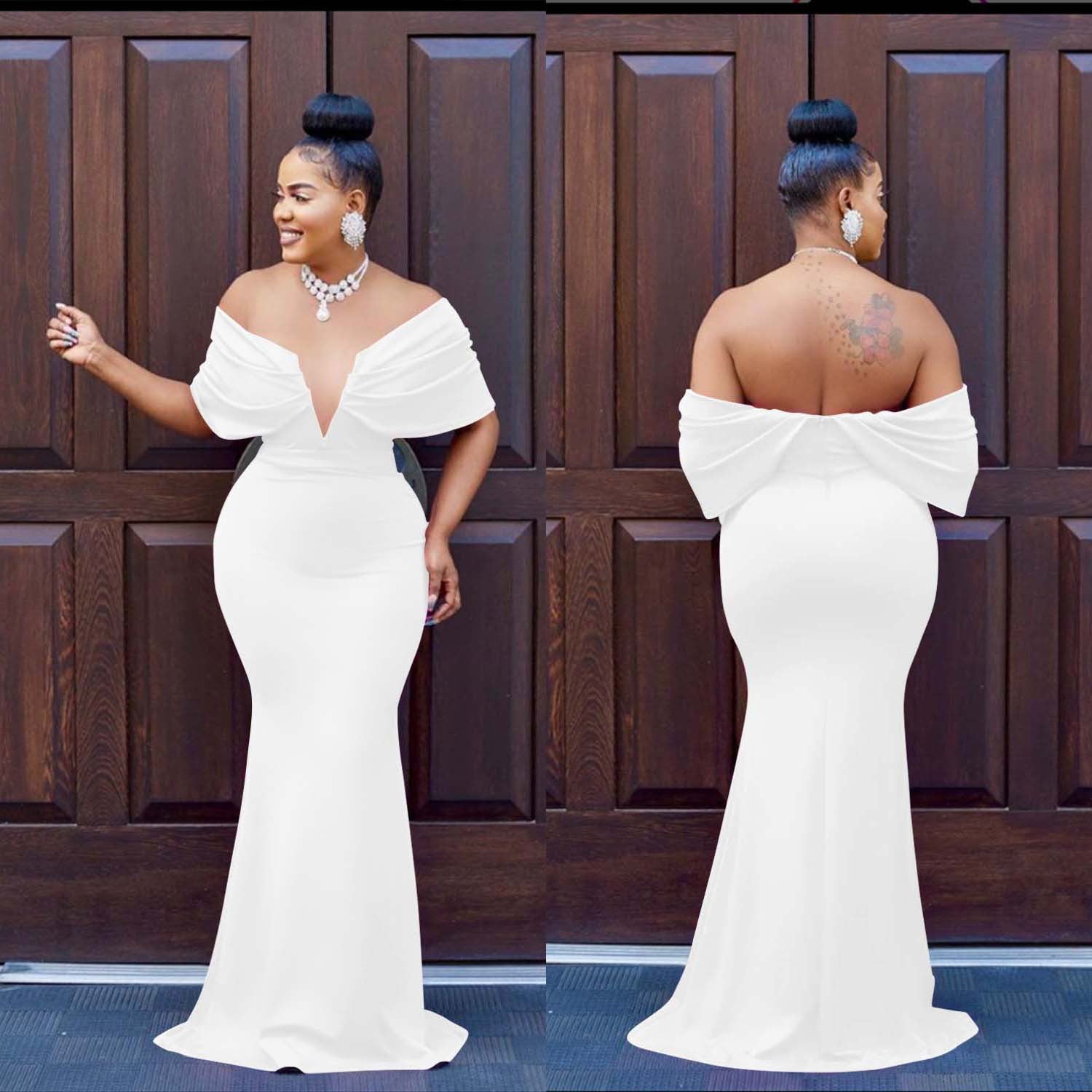 Women's Fashion Solid Color Off Shoulder Deep V Low Back Mermaid Dress 6