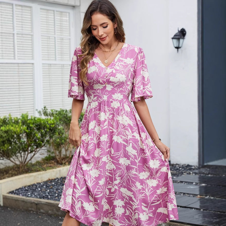 Women Cotton Printed V-Neck Short Sleeve Bohemian Holidays Beach Dress 4