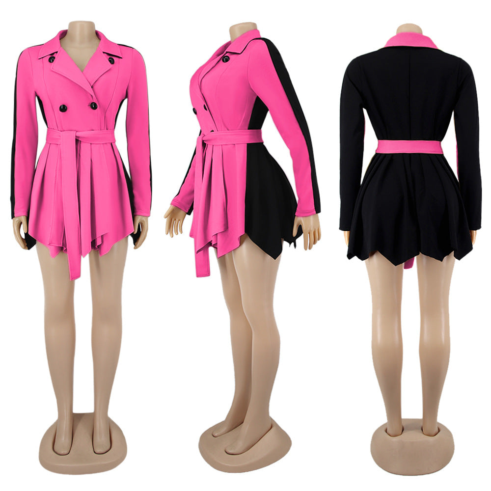 Women Solid Color Block Long Sleeve Casual Dress 25