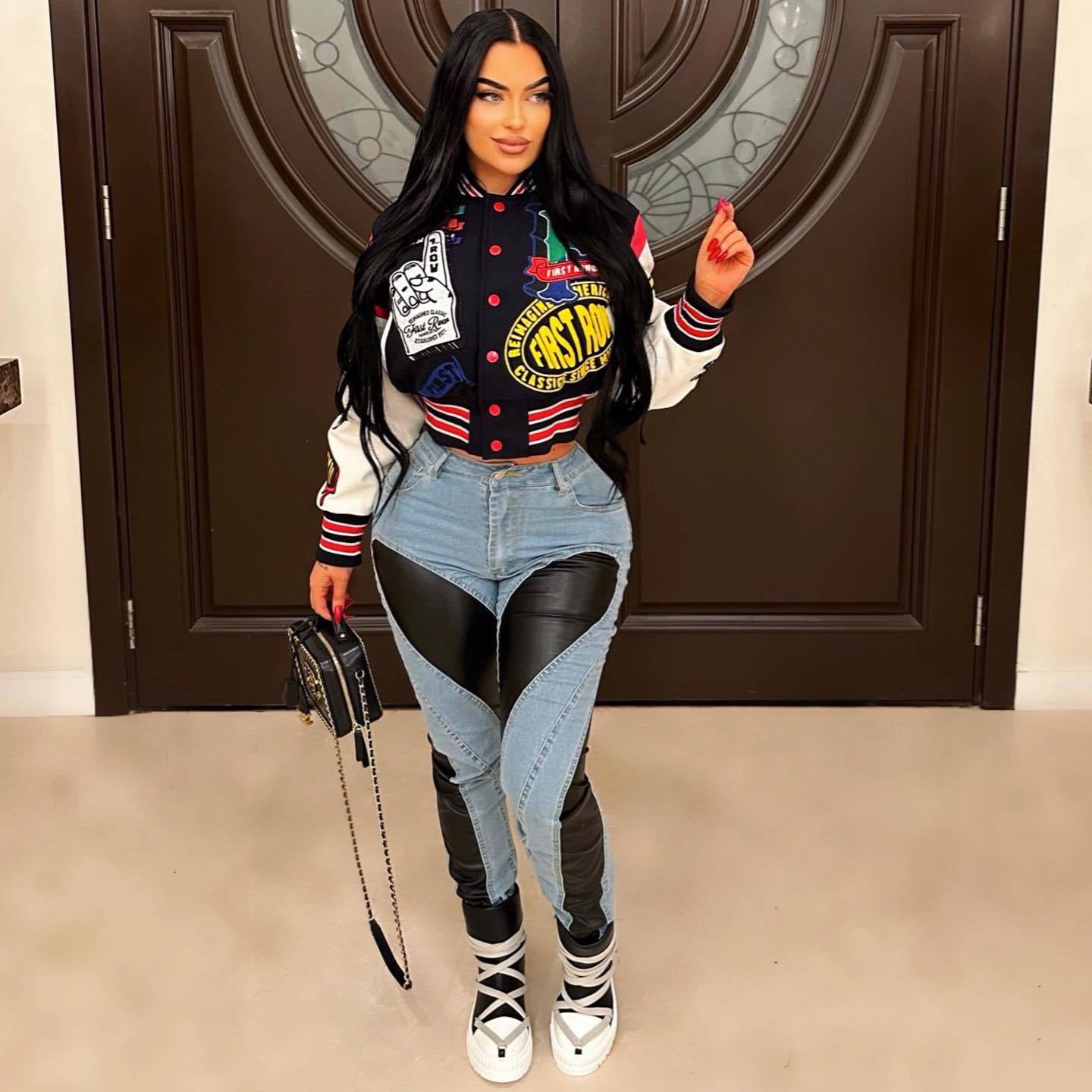 Women Long Sleeve Printed Ribbed Patchwork Baseball Jacket 3