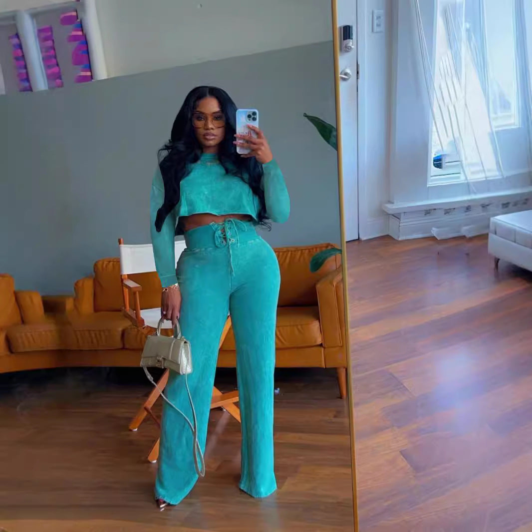 Autumn winter Tie-Dye Round Neck Long Sleeve crop Top Lace-Up Pants Women Two-Piece Set 5