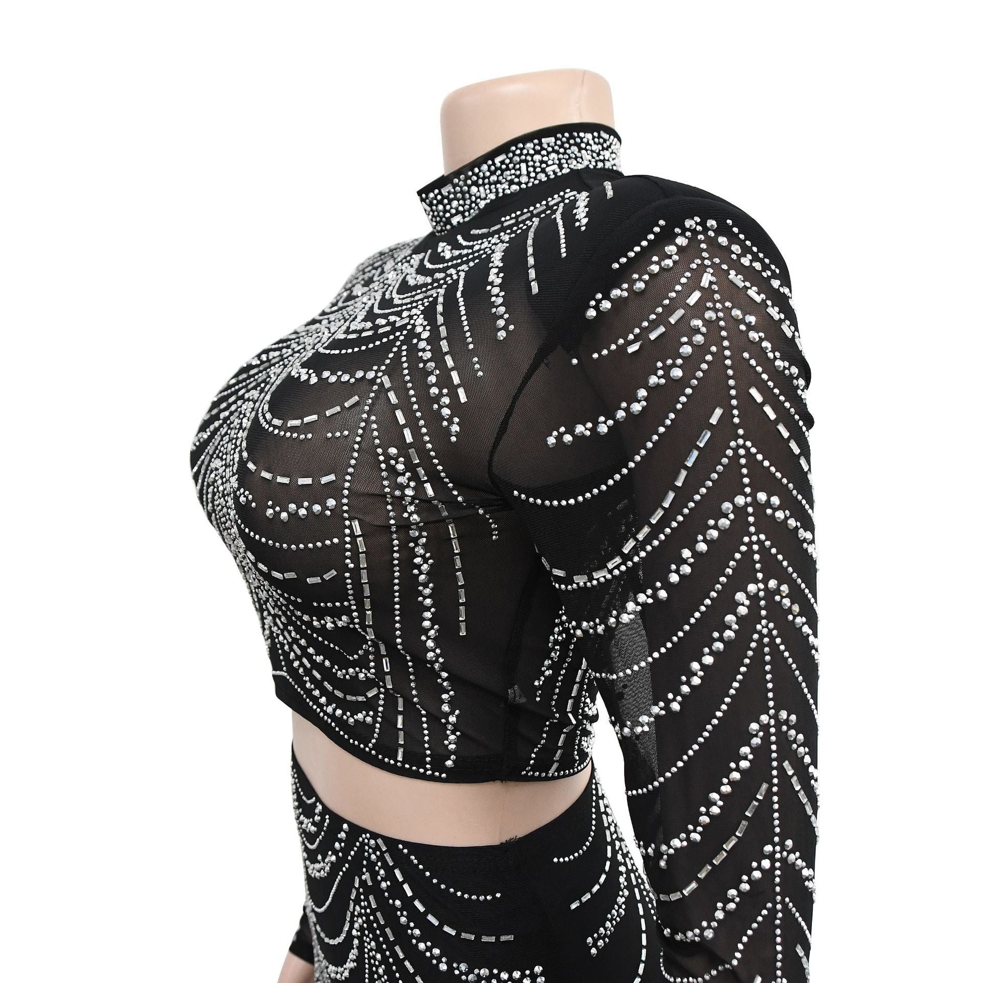 Women's Fashion Solid Color Mesh Beaded Long Sleeve Crop Top Long Skirt Two-Piece Set 17