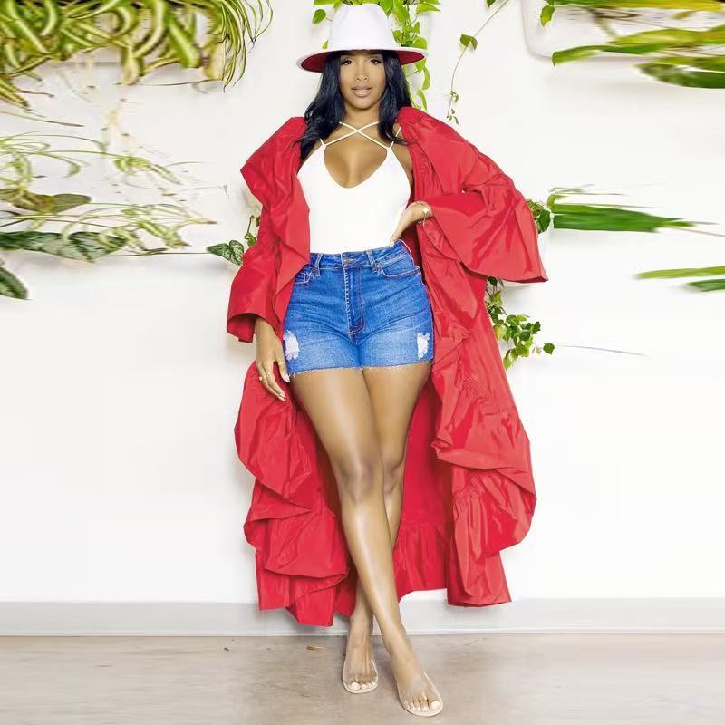 Women's Autumn Solid Color Ruffled Long Trench Coat 4