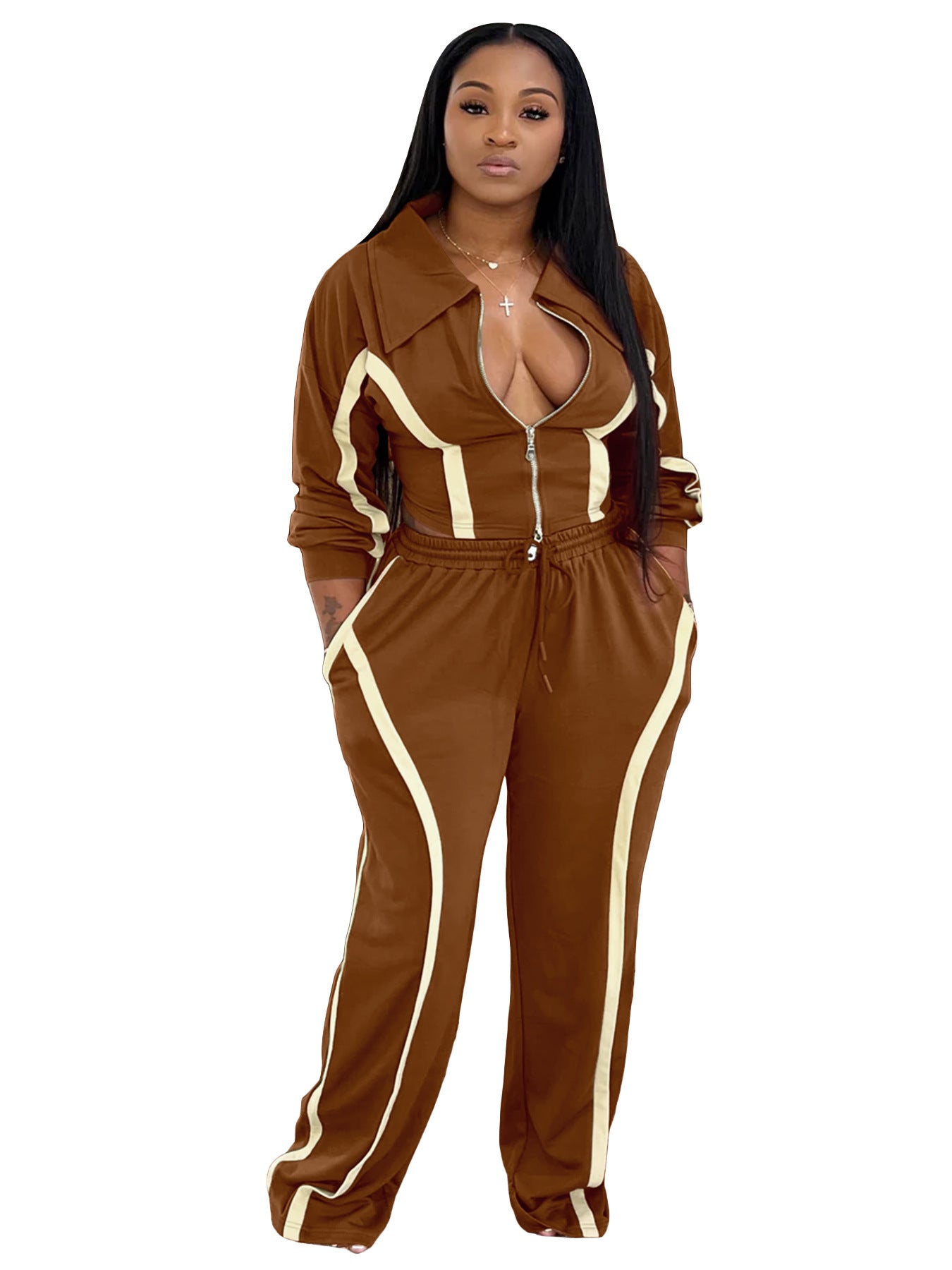 Fashion Women's Striped Patchwork Color Block Zipper Turndown Collar Top Wide Leg Pants Two-Piece Set 7