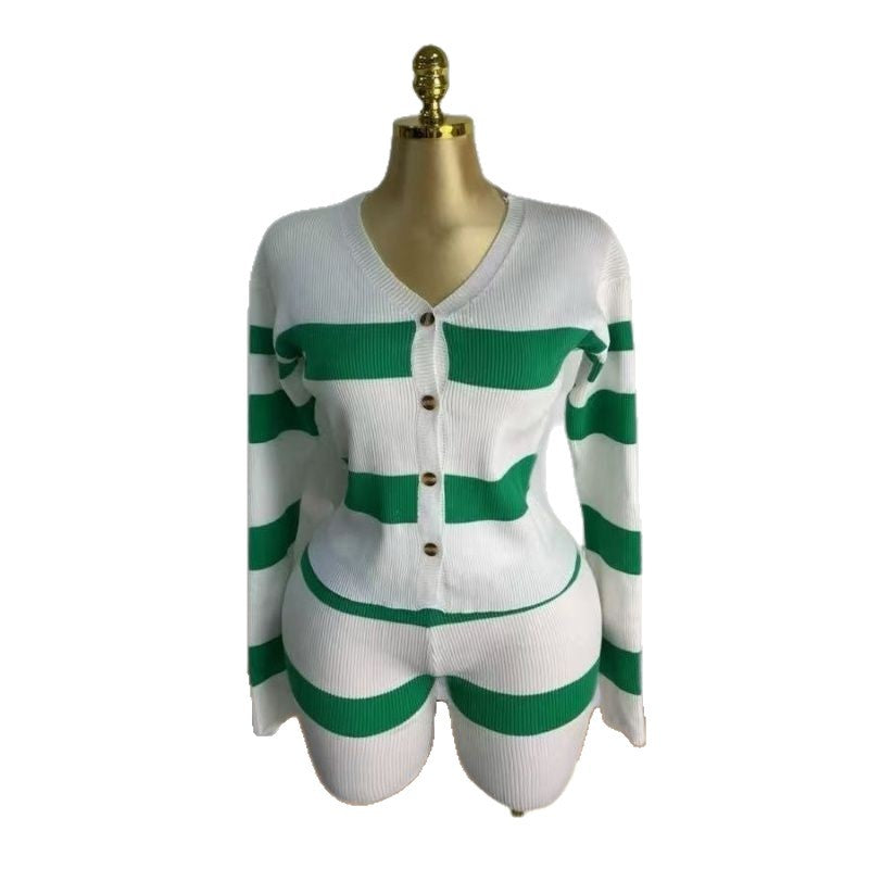 Women Casual V-neck Striped Knitting Sweater and Shorts Two-piece Set 5