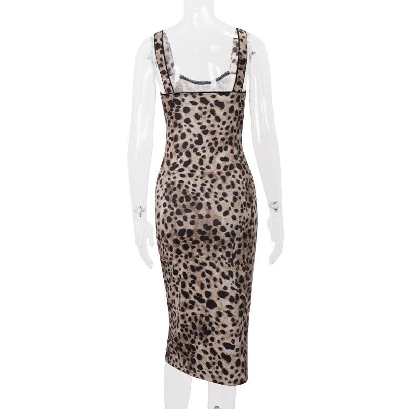 Women Spring Summer U-neck Sexy Leopard Strap Dress 8