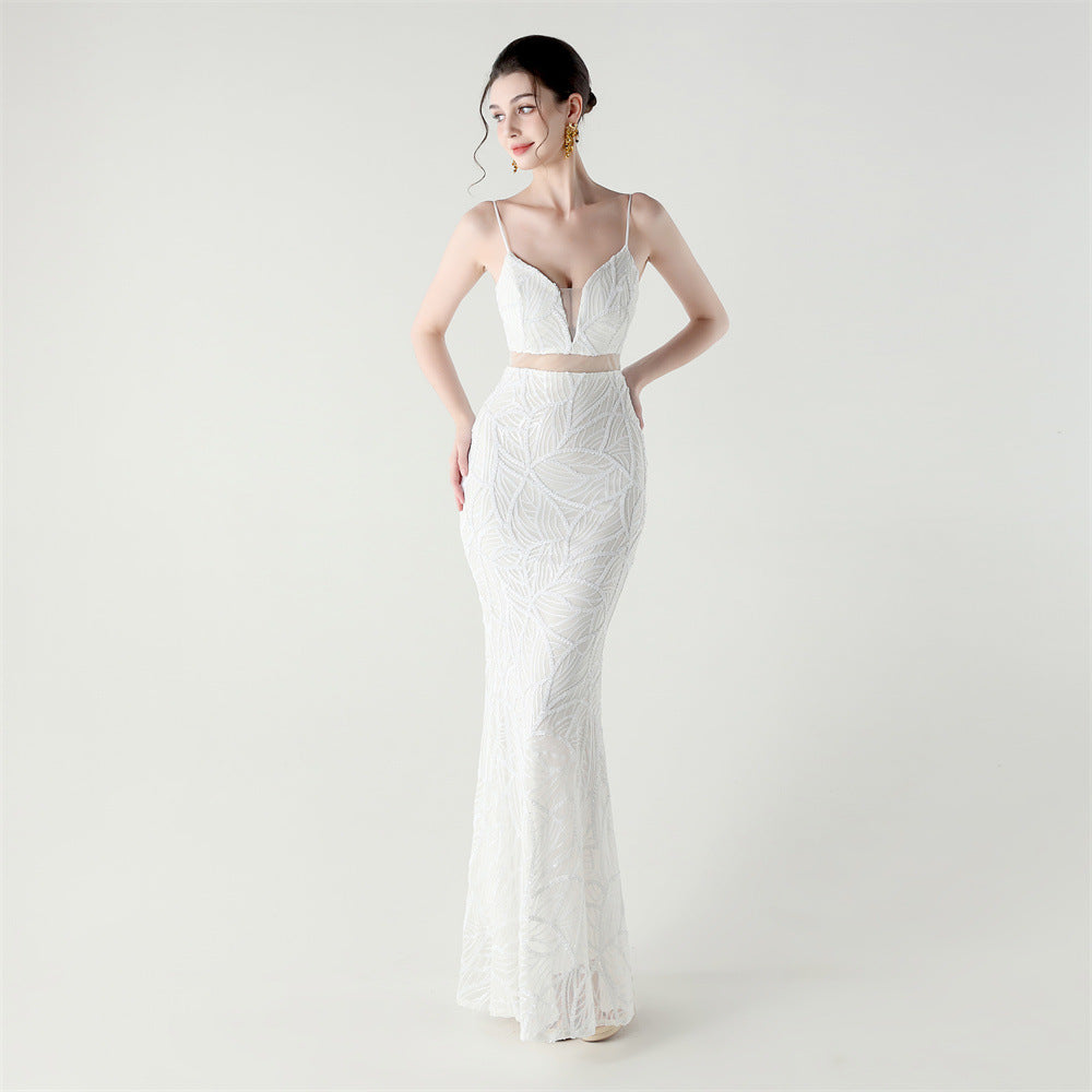 Women tulle Patchwork cross Lace-Up sequined Formal Party evening dress 9