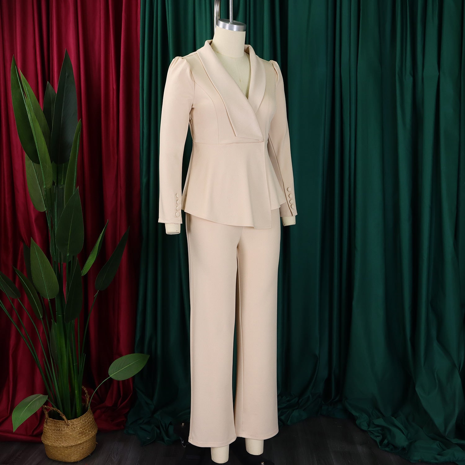 Women Elegant Ruffled Long Sleeve Top Wide Leg Pants Two-Piece Set 16