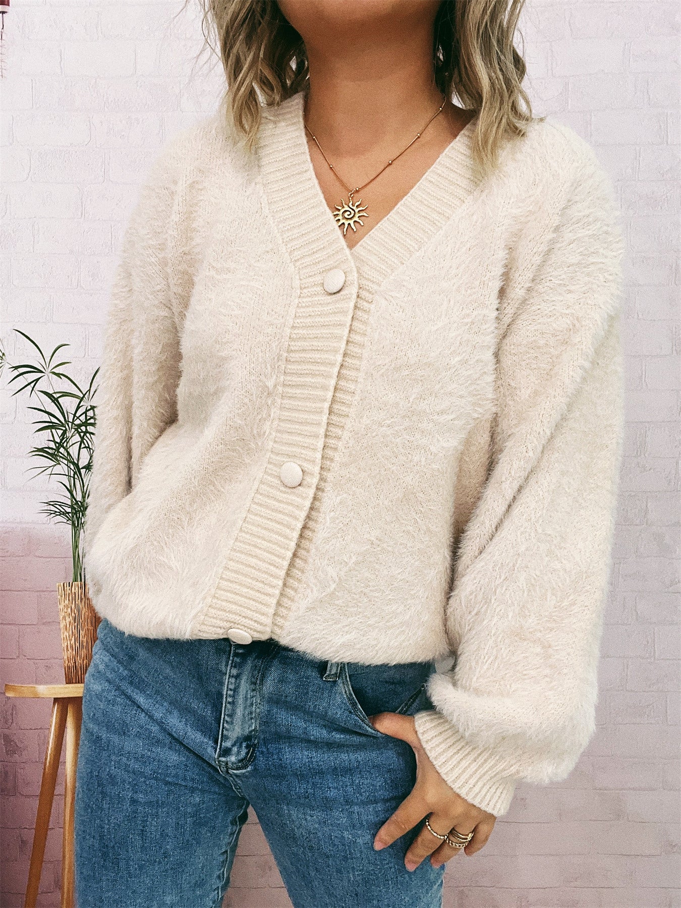 Women autumn/winter casual furry V-neck solid sweater 29