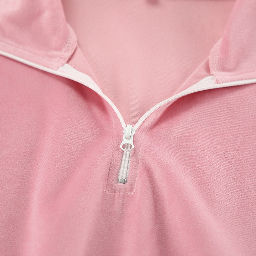 Pink Fashion Sports Suit Autumn Winter Zipper Turndown Collar Two-Piece Women Pants Set 11