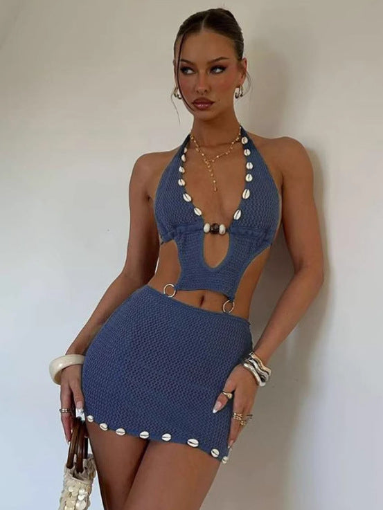 Women Spring Knitting Sexy Beaded Bodycon Halter Neck Lace Hollow Dress 3