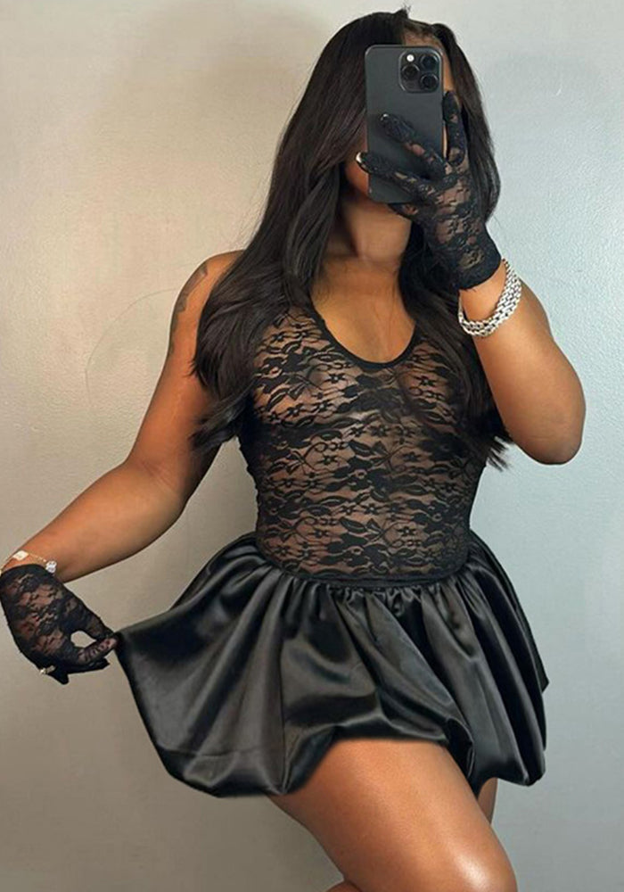 Women autumn sexy Patchwork Lace Halter Neck sexy short skirt