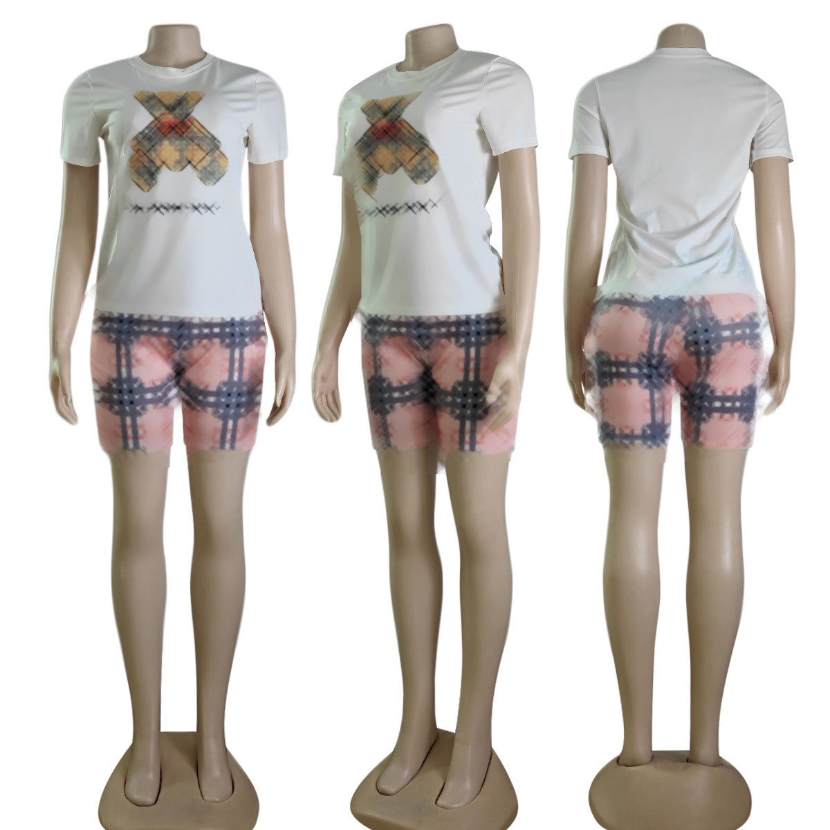 Women's Summer Bear Round Neck Short Sleeve Two Piece Shorts Set
