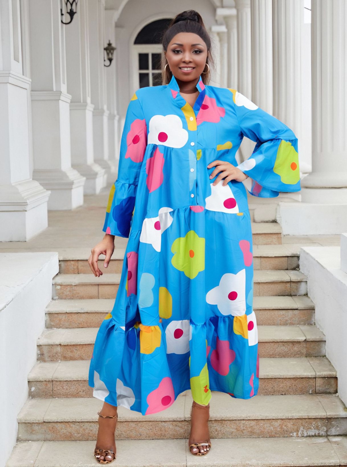 Women Casual Print Patchwork Multi-Color Long Sleeve Dress 8