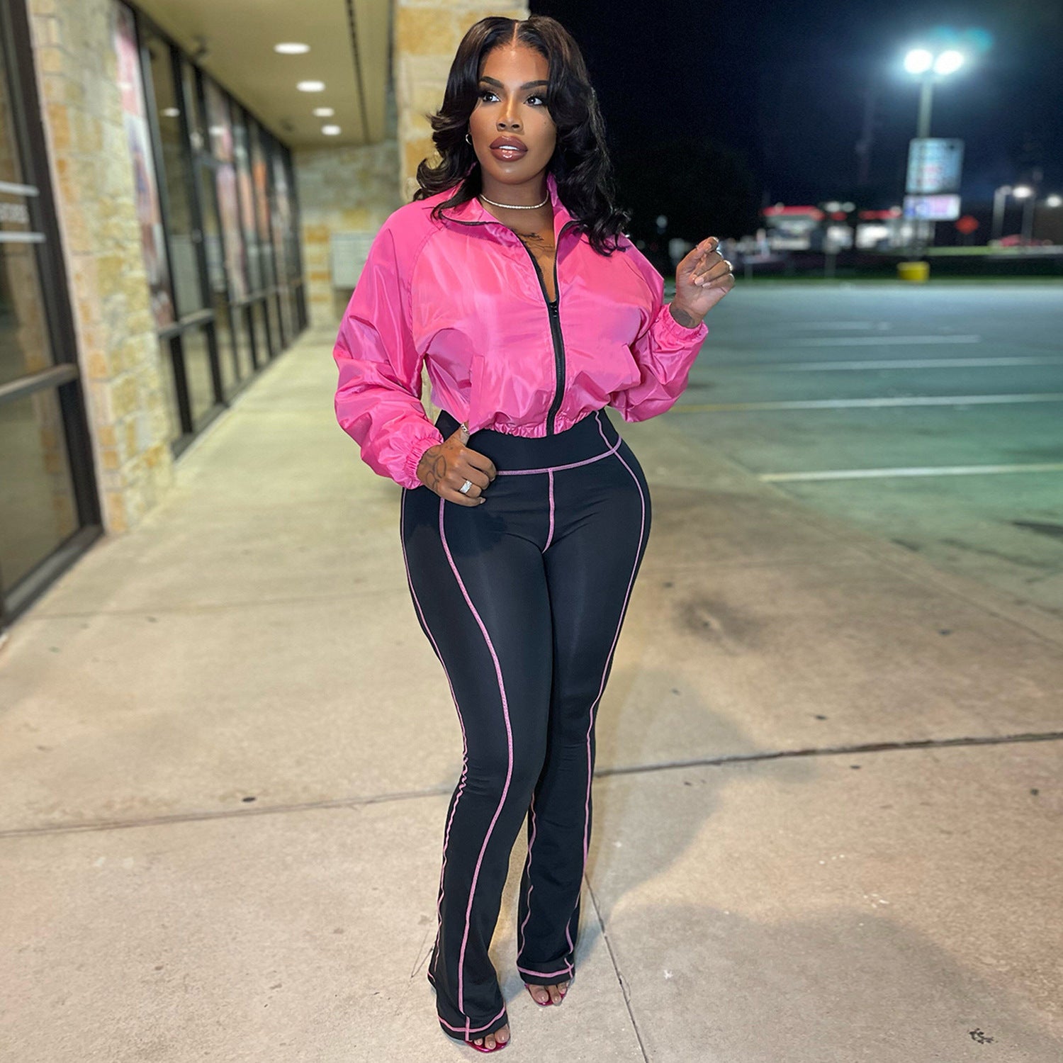 Women Casual Zippered Top and Bell Bottom Two-Piece Set 5