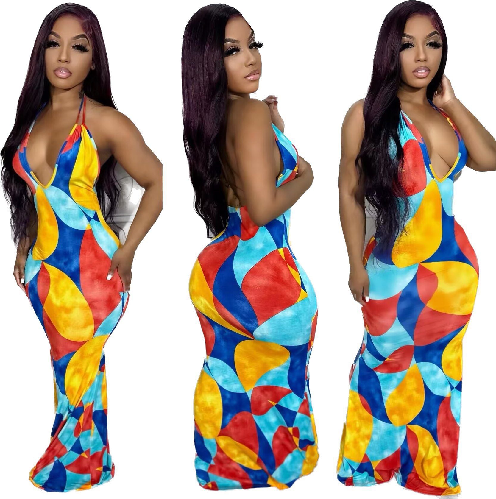 Women's Fashion Digital Print Halter Neck Maxi Dress