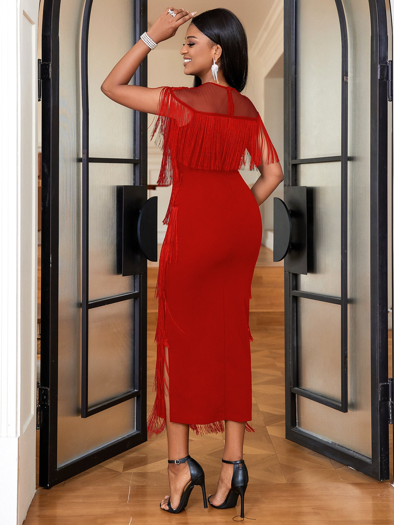 Women Mesh Patchwork tassel Round Neck sexy evening bodycon dresses 11