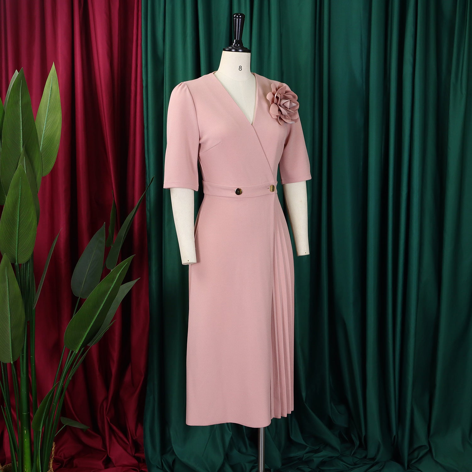 Women's Summer V-Neck Fashion Short Sleeve Solid Color Elegant Pleated African Dress 25