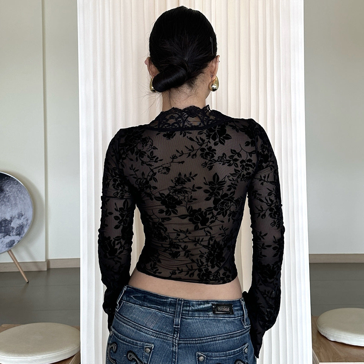 Women's Summer Fashion Print Sexy Mesh Lace Long Sleeve Top 5