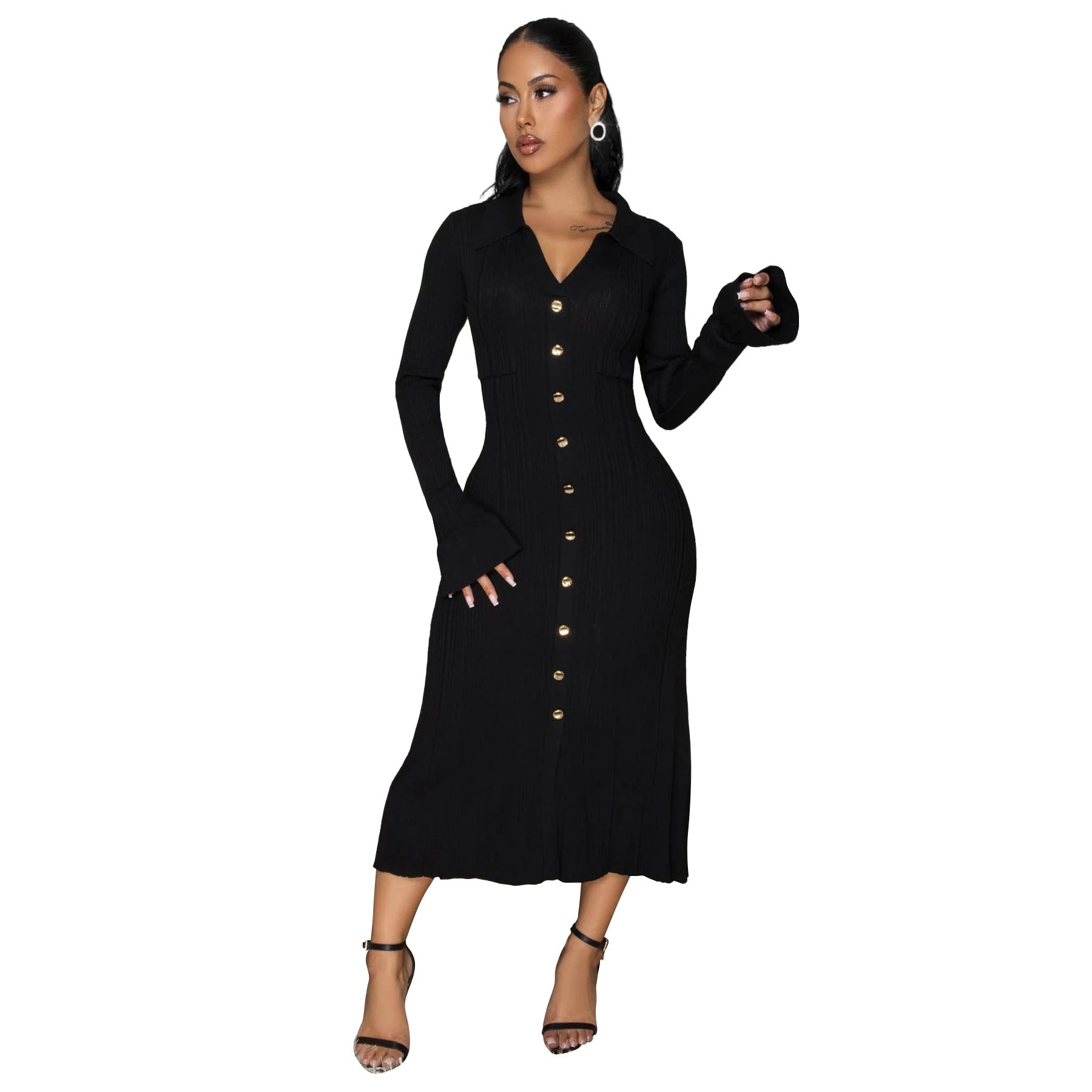 Women's Fashion V-Neck Single Row Buttons Long Sleeve Solid Long Dress 24