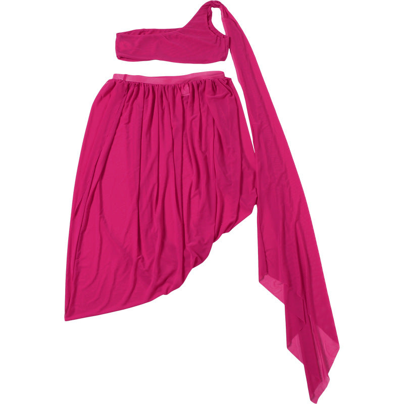 Women Fall Mesh Sexy One-Sided Long-Sleeve Crop Top with Pleated Slit Skirt Two-Piece Set 12