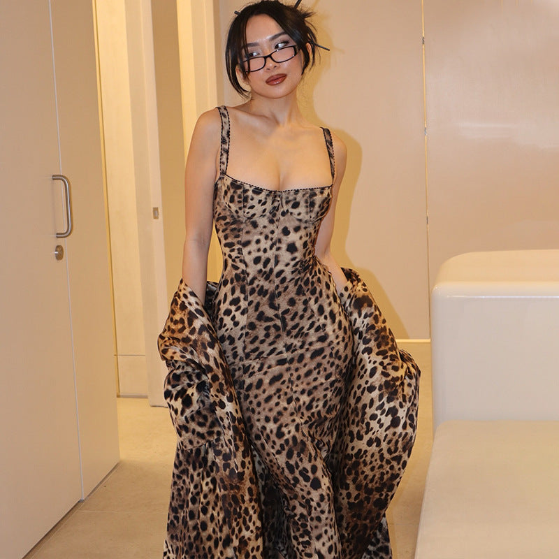 Women Spring Summer U-neck Sexy Leopard Strap Dress 5