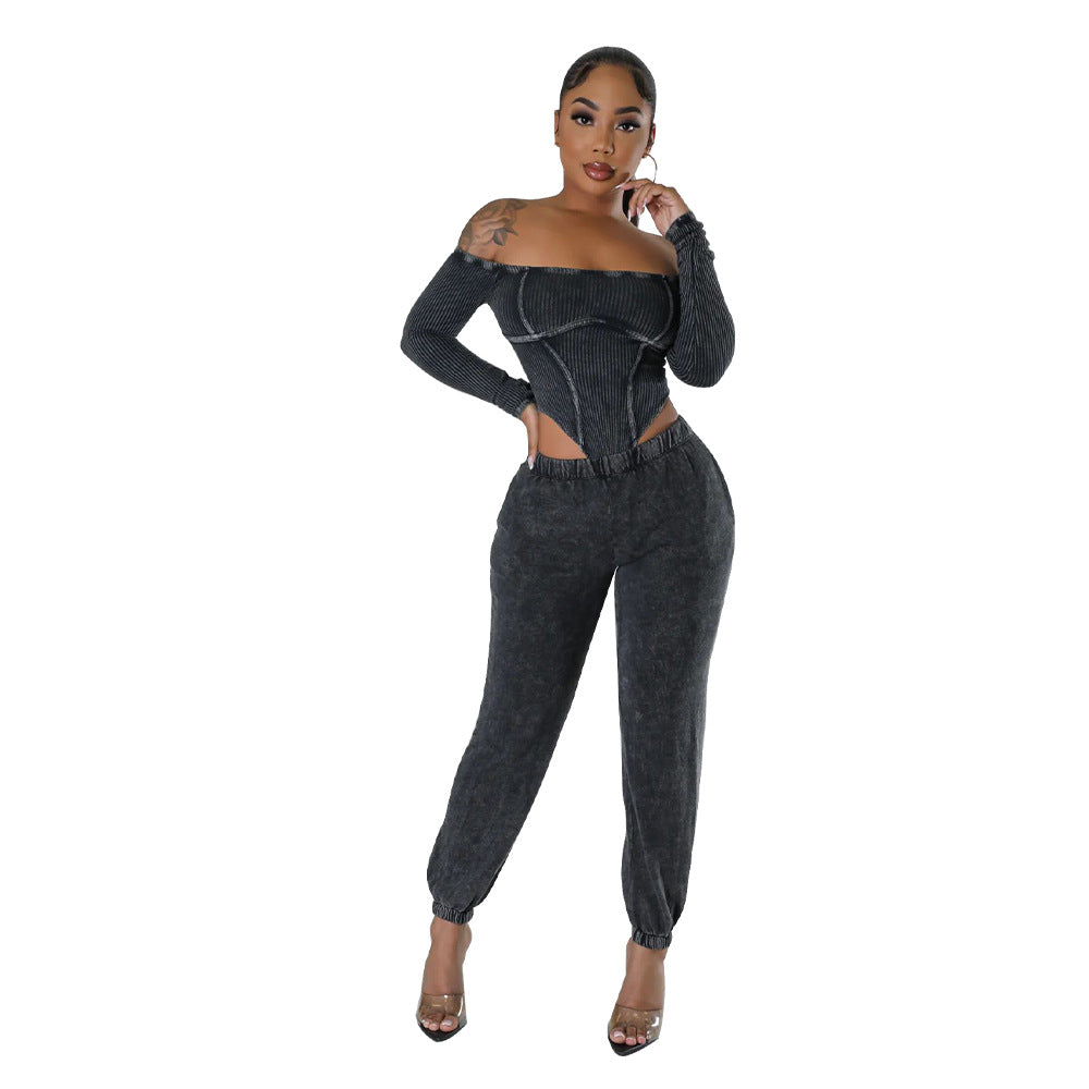 Fashion Women's Off Shoulder Long Sleeve Bodysuit Pants Two Piece Set 10