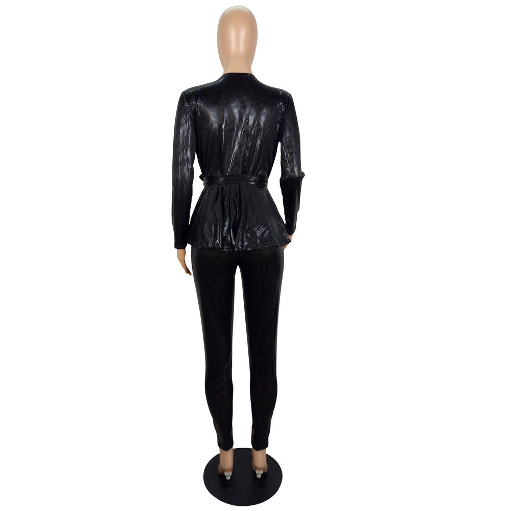 Women'S Slim Fashion Shiny Long Sleeve Suit With Belt 24