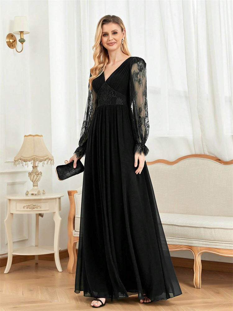 Women long sleeve v-neck ruffle sleeve bridesmaid dress fishtail formal party evening dress 5