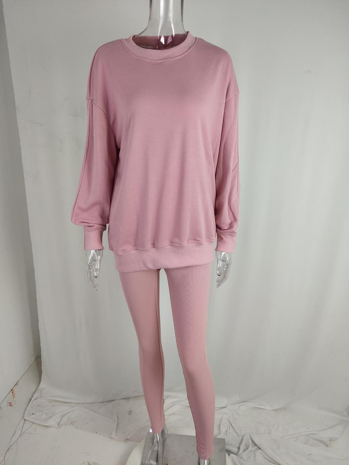 Women Loose Round Neck High Waist Sports Long Sleeve Top and Pant Casual Two-piece Set 14