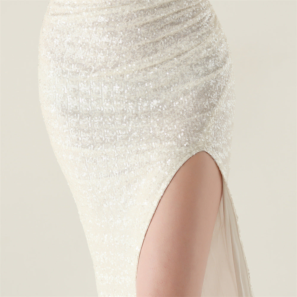 Plus Size Women clothing one-shoulder nail flower beaded evening dress 45