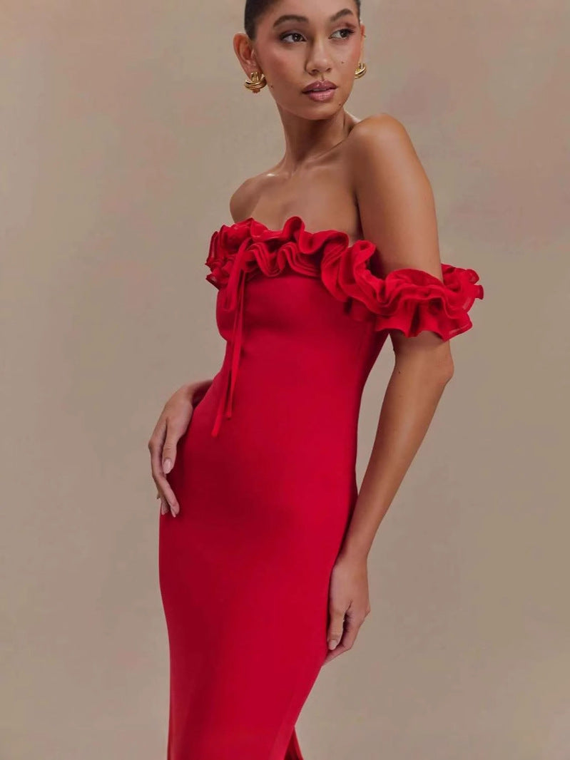 Women Spring and Summer Ruffle Off Shoulder Bodycon Dress 4