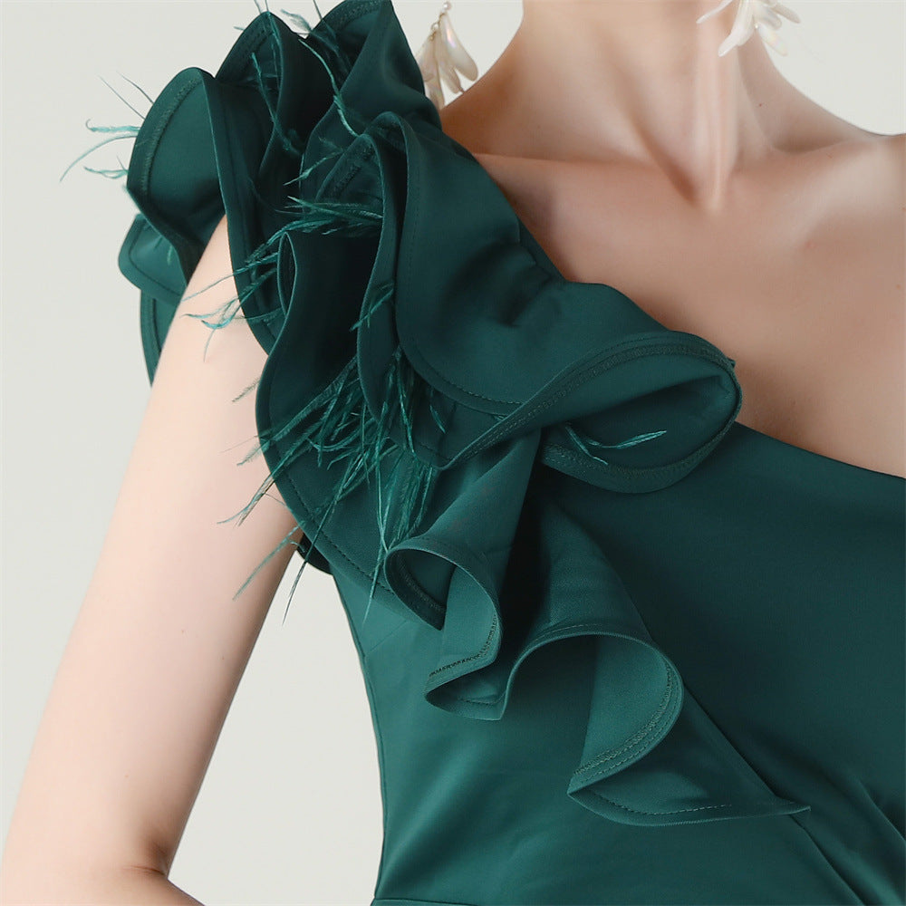 Women One-Shoulder Beaded Wool and Floral Satin Slit Sexy Evening Dress 69