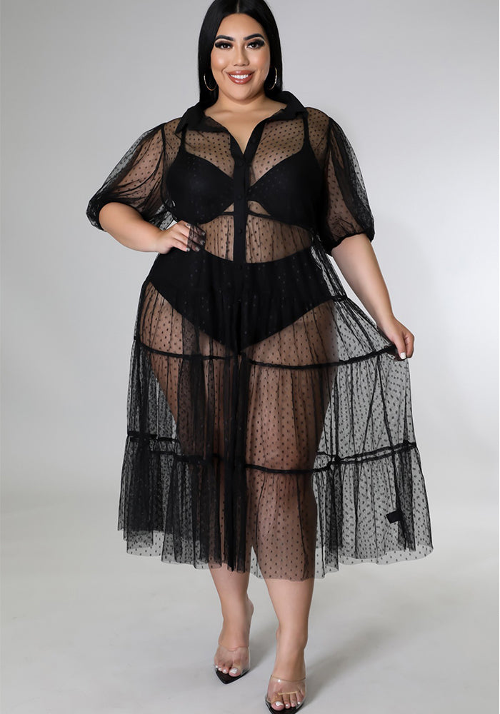 Plus Size Women Polka Dot Mesh Pleated Casual Dress