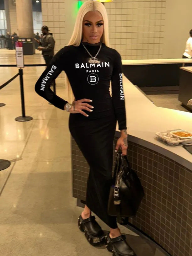 Fashion Letter Printed Long-Sleeved Slim Bodycon Dress 9