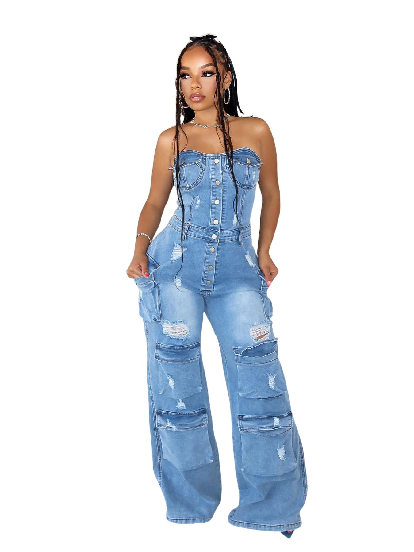 Women Casual Strapless Cargo Denim Jumpsuit 6